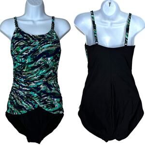 Aqua Green Ruched Draped Front One Piece Swimwear Green Black Women Medium NWT